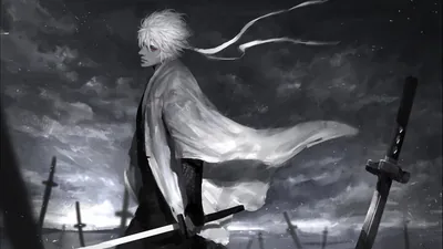 The silver-haired samurai walks away with his coat streaming behind him, broken swords stuck in the ground under a heavy monochrome sky.
