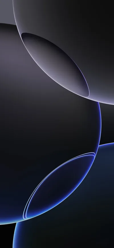 Overlapping black spheres traced by a thin blue rim of light — the stock iPhone 16 look, dark enough for OLED.