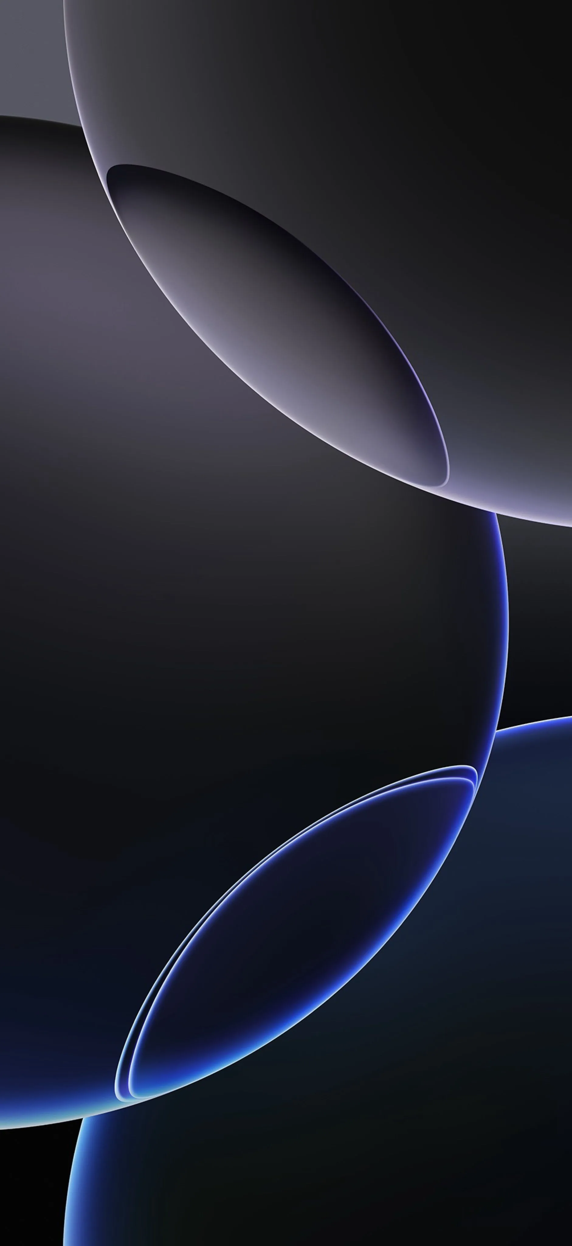 Overlapping black spheres traced by a thin blue rim of light — the stock iPhone 16 look, dark enough for OLED.