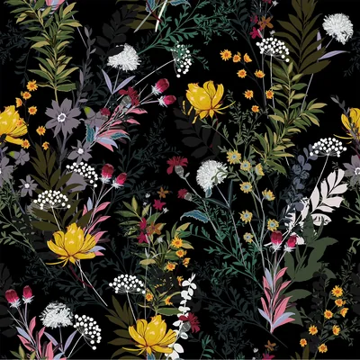 A dense repeating pattern of yellow, white and pink wildflowers over black, the stems crossing in every direction with no clear gap between them.