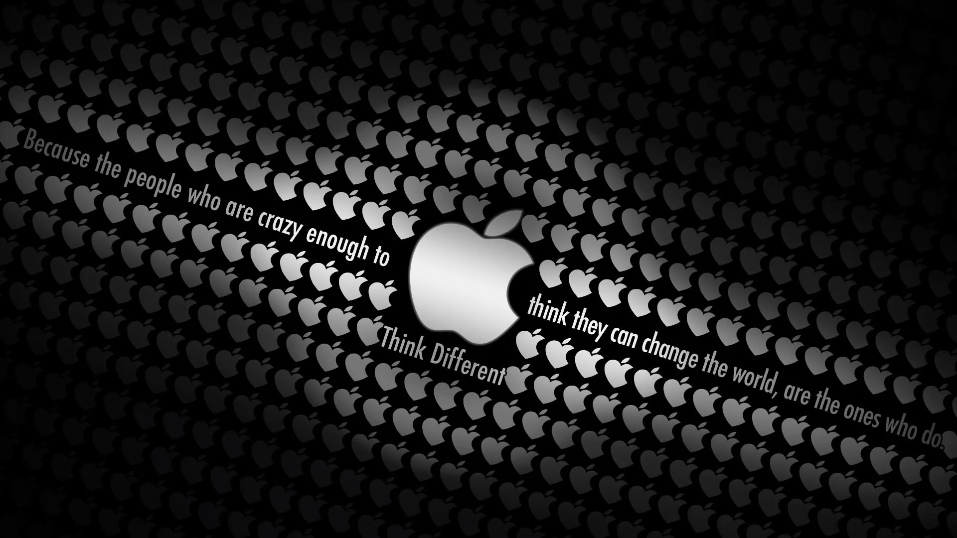 The silver Apple mark sits centred on a black field tiled with small logos and the Think Different lines running across it.