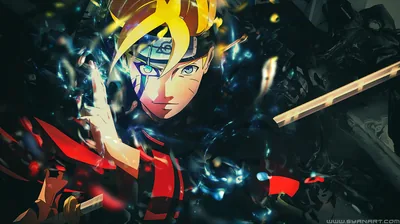 A blond ninja in red and black grips a staff as blue energy shatters into fragments around his shoulders.