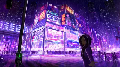 An anime girl in a hoodie stands at the lower right of a rain-soaked crossing, stacked billboards glowing violet across the upper half.