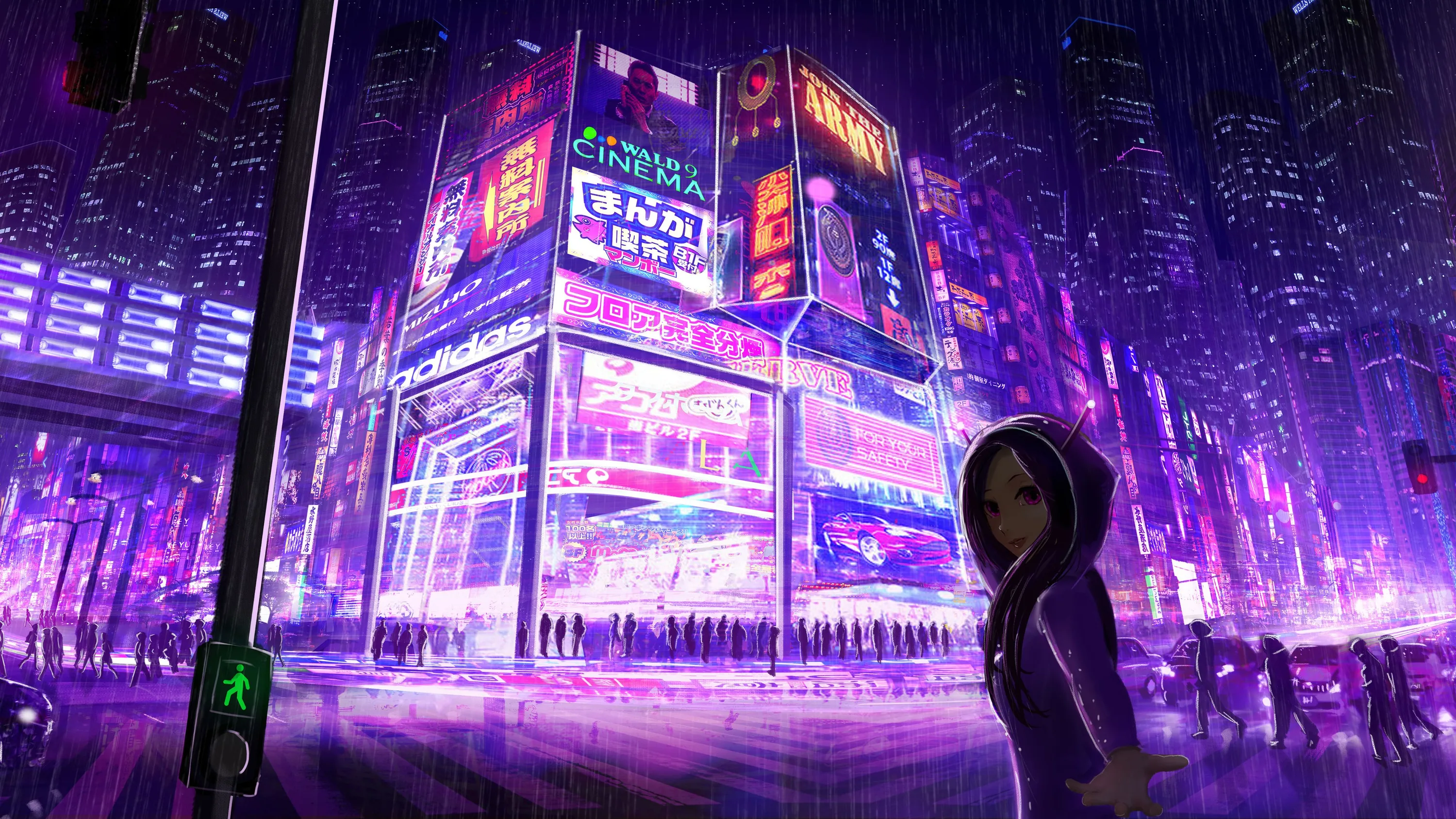 An anime girl in a hoodie stands at the lower right of a rain-soaked crossing, stacked billboards glowing violet across the upper half.