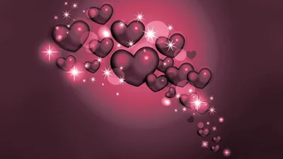 Translucent hearts of different sizes drift diagonally across a deep maroon field, each one catching a small starburst of white light.