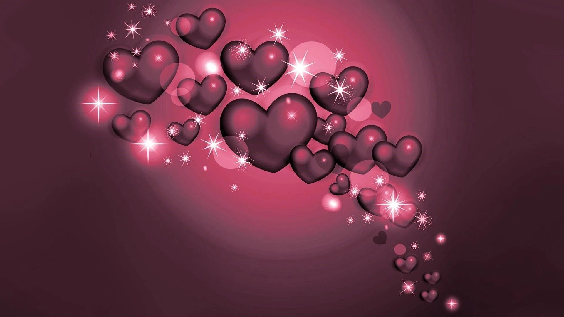 Translucent hearts of different sizes drift diagonally across a deep maroon field, each one catching a small starburst of white light.
