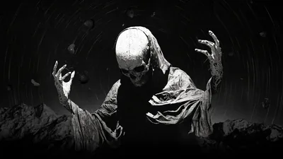 A gaunt figure in a shroud lifts both hands toward the camera, lit hard from the front against black.