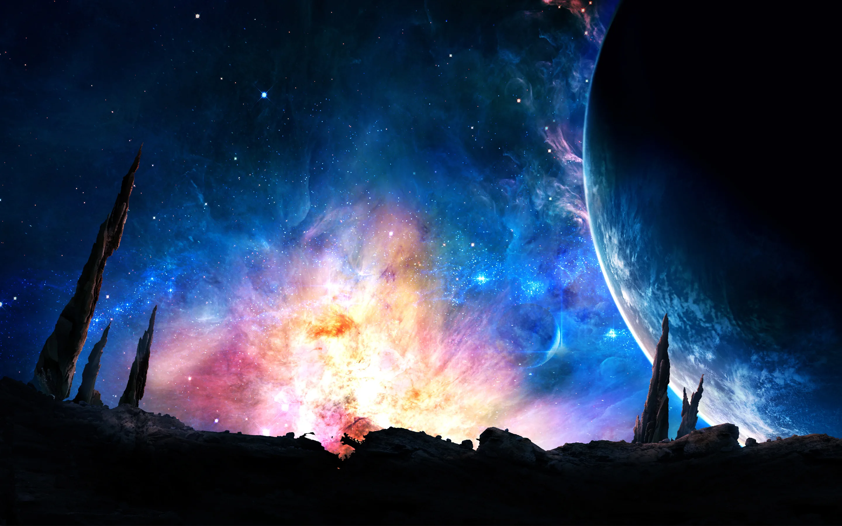 Jagged rock spires stand black against an exploding orange-and-blue nebula, a huge planet shadowing the upper right corner of the sky.