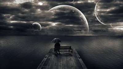 Oversized planets loom through storm clouds above a figure holding an umbrella on a pier-end bench, the water on either side sinking to near black.