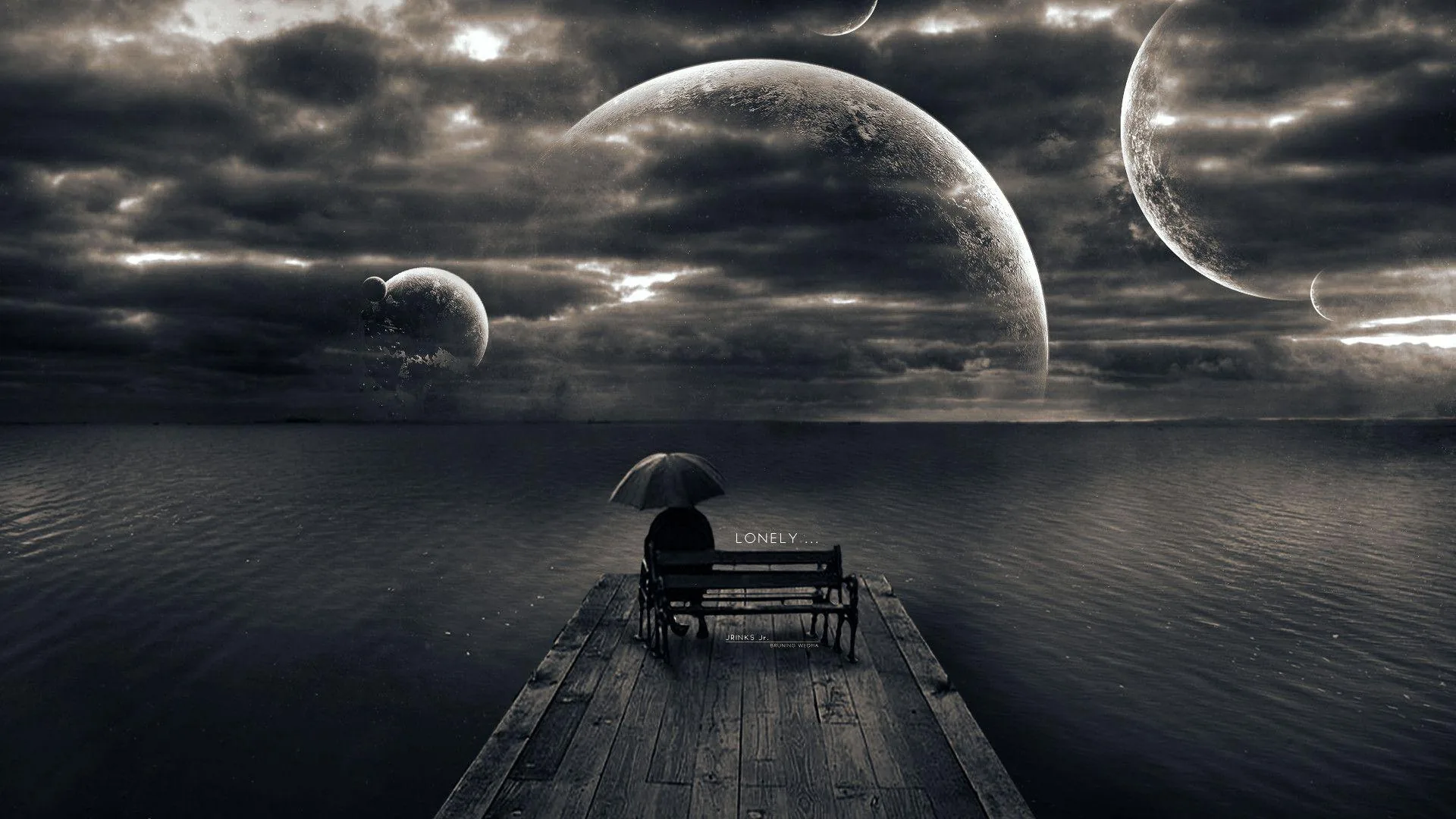 Oversized planets loom through storm clouds above a figure holding an umbrella on a pier-end bench, the water on either side sinking to near black.