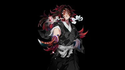 A patterned-eyed swordsman stands centred with his katana lowered, red hair tips and haori pattern the only colour on pure black.