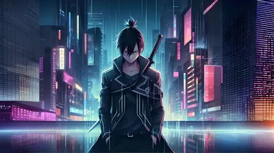 A swordsman in a long black coat stands in shallow water before neon towers, streaks of digital rain falling through the pink and blue signage.