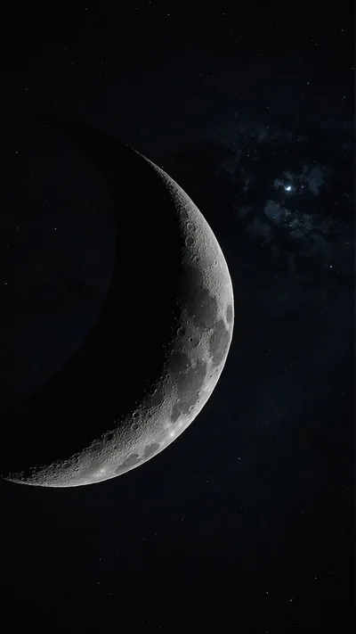 A thin crescent lights one edge of the moon while the rest stays in shadow, a scatter of stars behind it on the right.