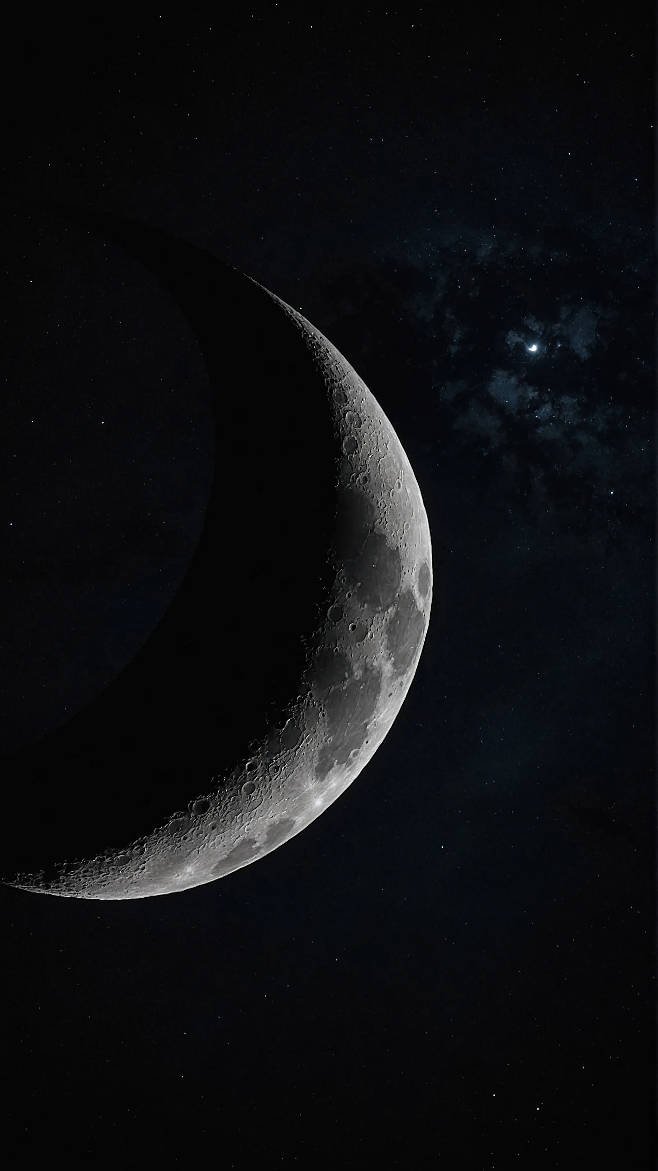A thin crescent lights one edge of the moon while the rest stays in shadow, a scatter of stars behind it on the right.