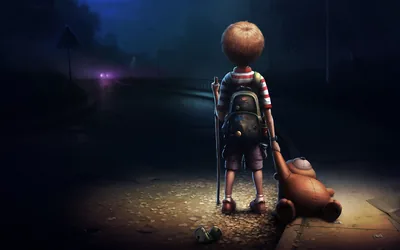 A small CGI boy with a backpack and crutch drags his teddy bear down an unlit road, faint purple town lights dotting the far left horizon.