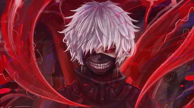Head-on portrait of a stitched ghoul grin under shaggy white hair, red tendrils closing in from both sides of a near-black frame.