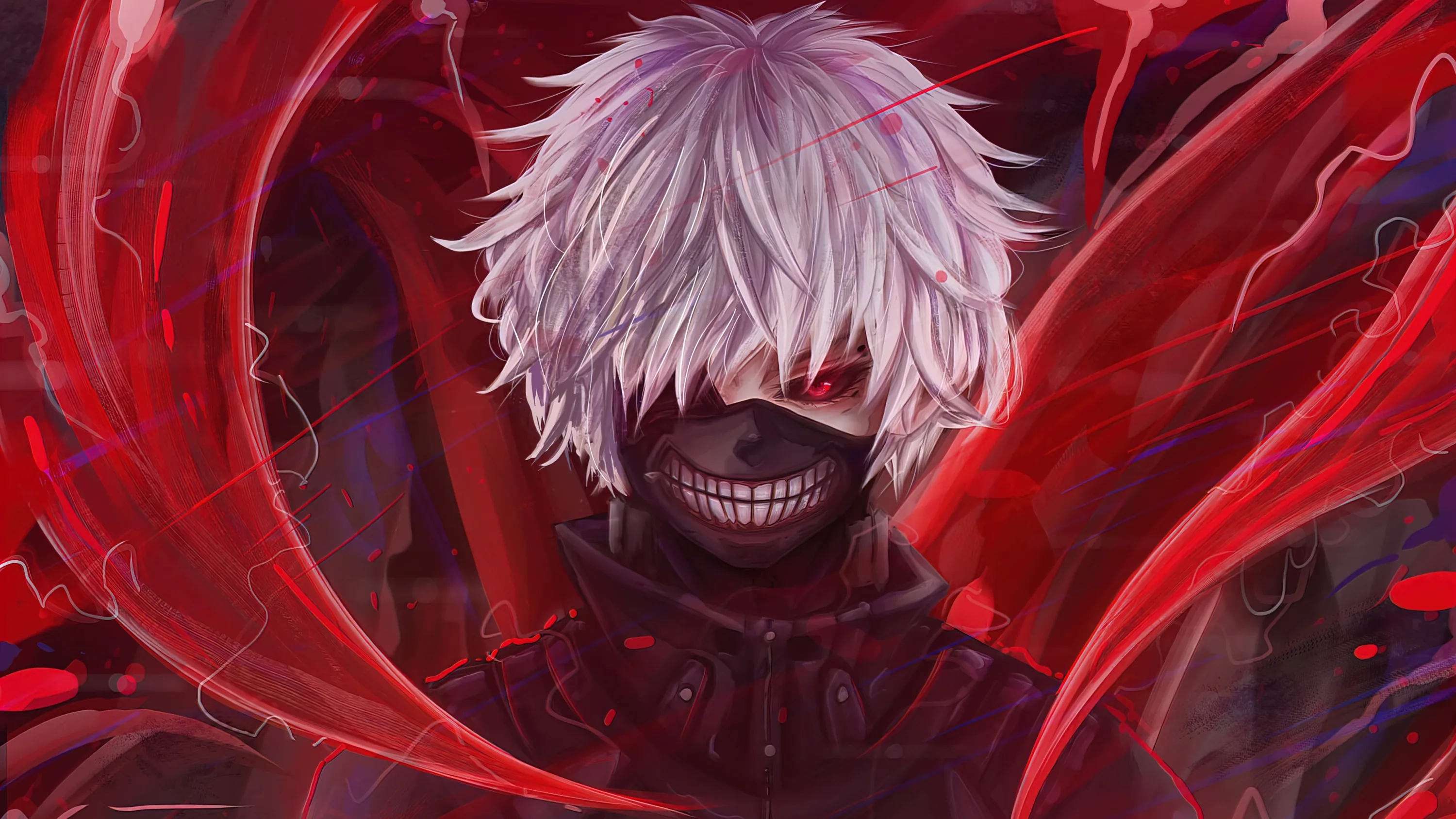 Head-on portrait of a stitched ghoul grin under shaggy white hair, red tendrils closing in from both sides of a near-black frame.