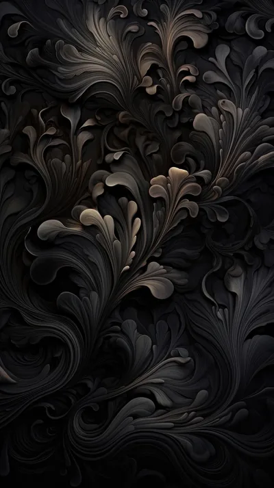 Thick acanthus scrolls curl out of the surface in 3D, catching a warm bronze light on their edges while the hollows behind stay pitch dark.