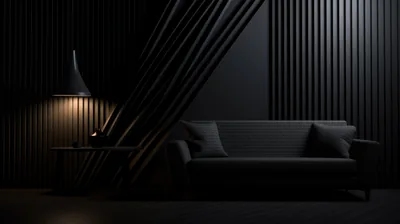 A black slatted lounge rendered almost entirely in shadow, one floor lamp glowing on the left while the right side stays near-flat black for OLED.