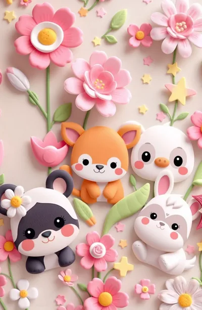 Clay-textured fox, panda, penguin and rabbit sit among sculpted pink flowers, the blooms filling every corner so no plain area is left for a clock.