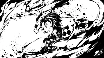Tanjiro lunges through a swirl of brushed ink, his checkered haori and water-breathing arc drawn in raw monochrome strokes.