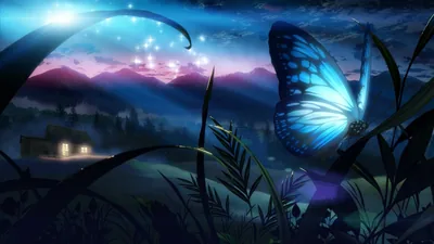 A luminous blue butterfly rests on a blade of grass above a darkened valley, one lit farmhouse showing under the purple mountain ridge.