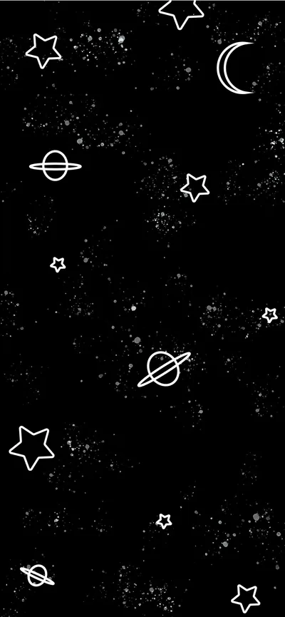 Hand-drawn stars, a crescent moon and ringed planets in thin white outline, speckled across a black starfield.