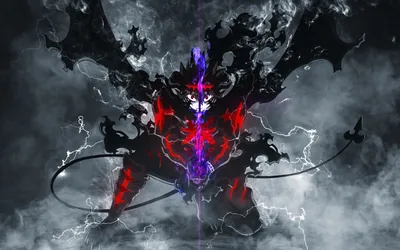 A horned figure with ragged black wings raises a violet blade, smoke and lightning spilling out into a grey haze on both sides.
