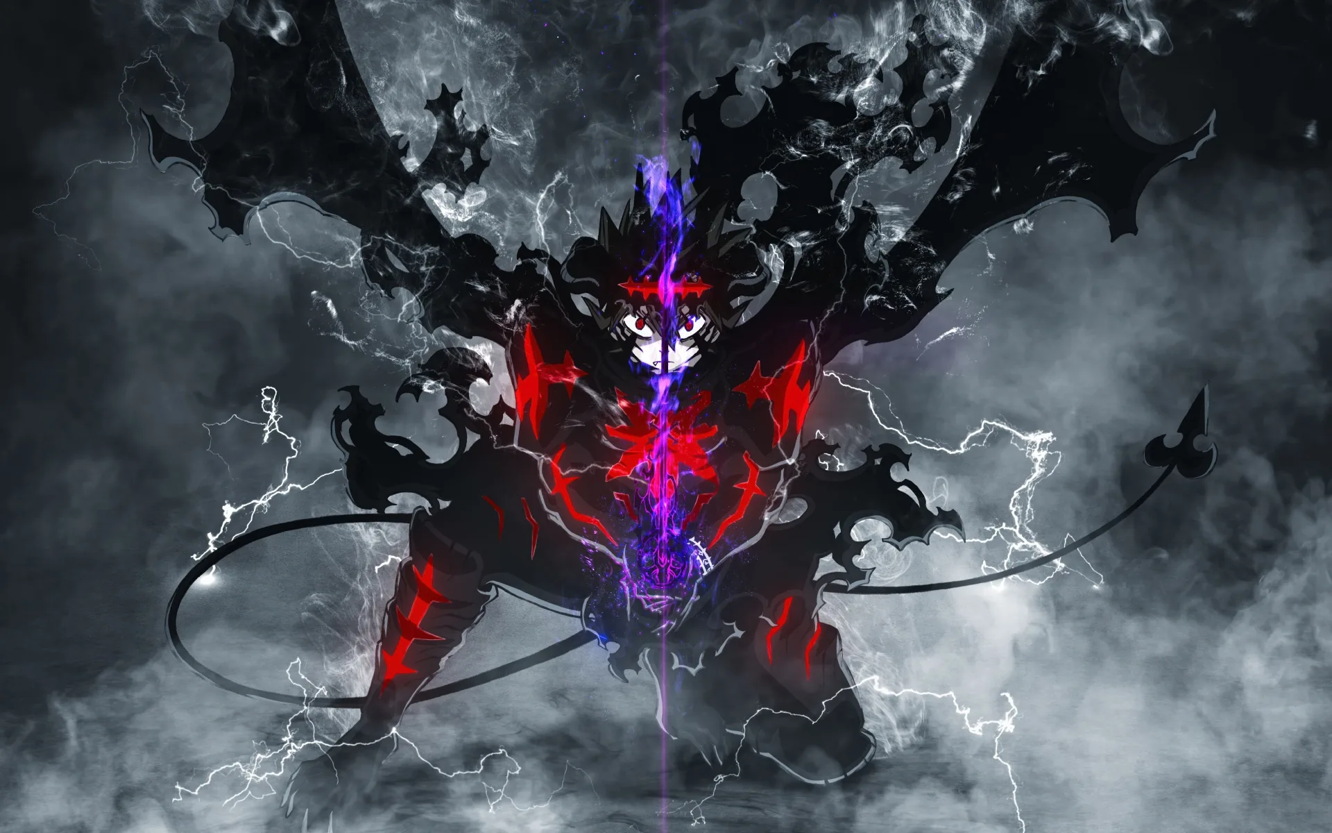 A horned figure with ragged black wings raises a violet blade, smoke and lightning spilling out into a grey haze on both sides.