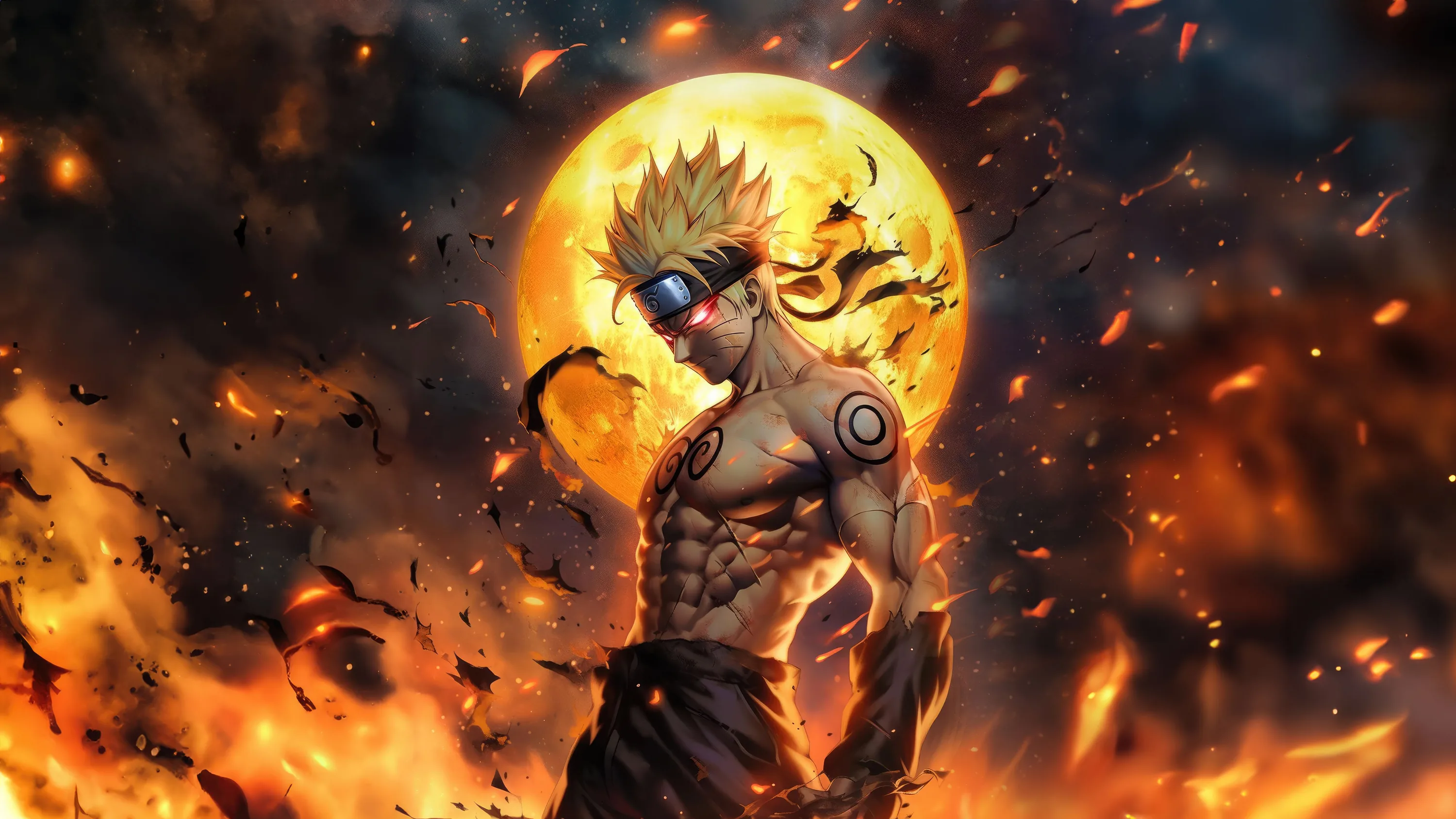 A shirtless figure in golden chakra stands in a pit of burning debris, a molten orange orb behind his shoulder throwing light across his chest.