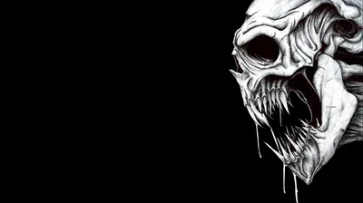 A decayed skull face drawn in dense ink hatching pushes in from the right edge, mouth stretched open, the whole left half left empty black.