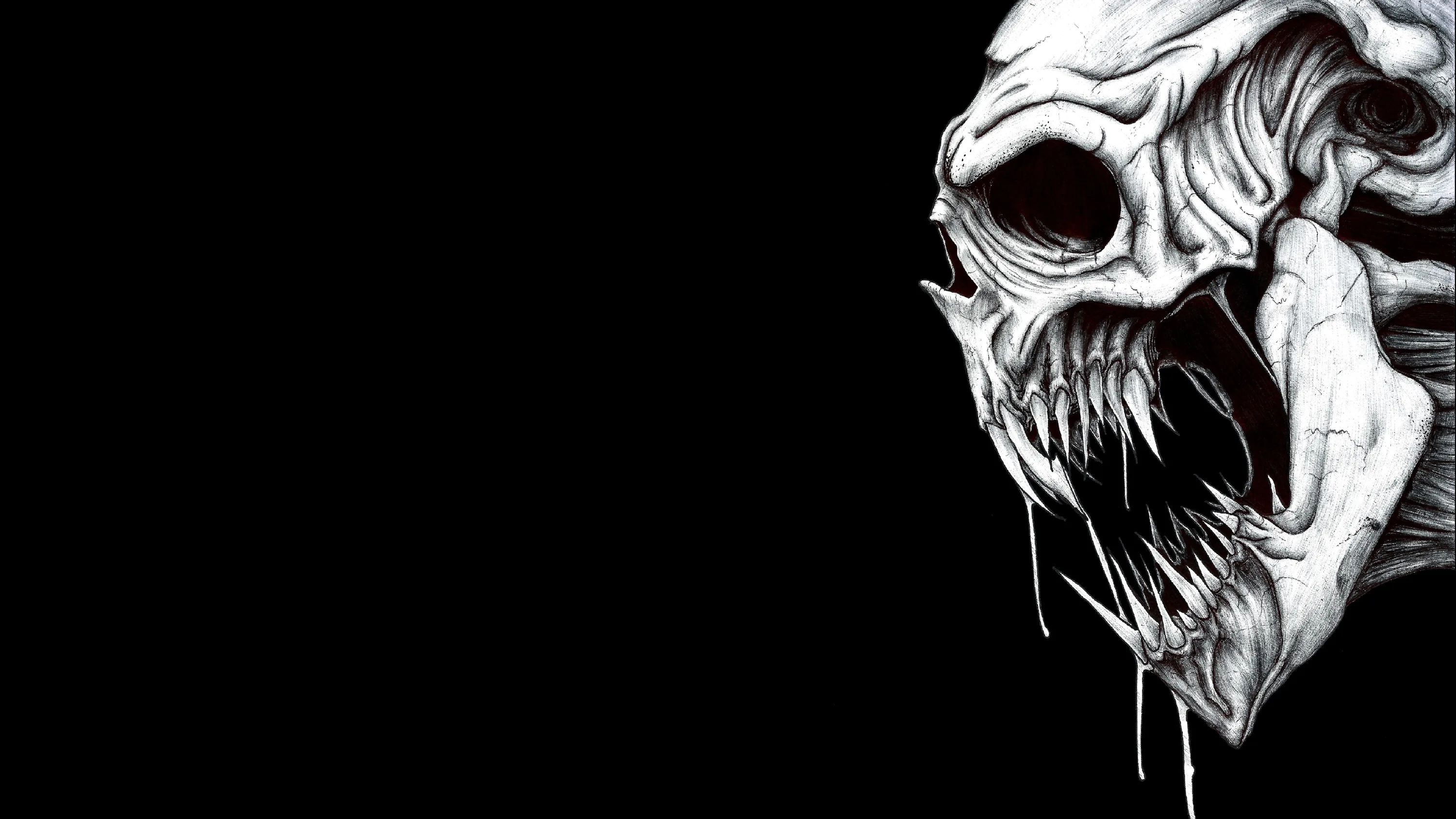 A decayed skull face drawn in dense ink hatching pushes in from the right edge, mouth stretched open, the whole left half left empty black.