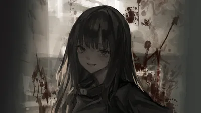 Long dark hair and a faint smile in a dim room, rust-red spatter drying on the wall and window frame behind her.
