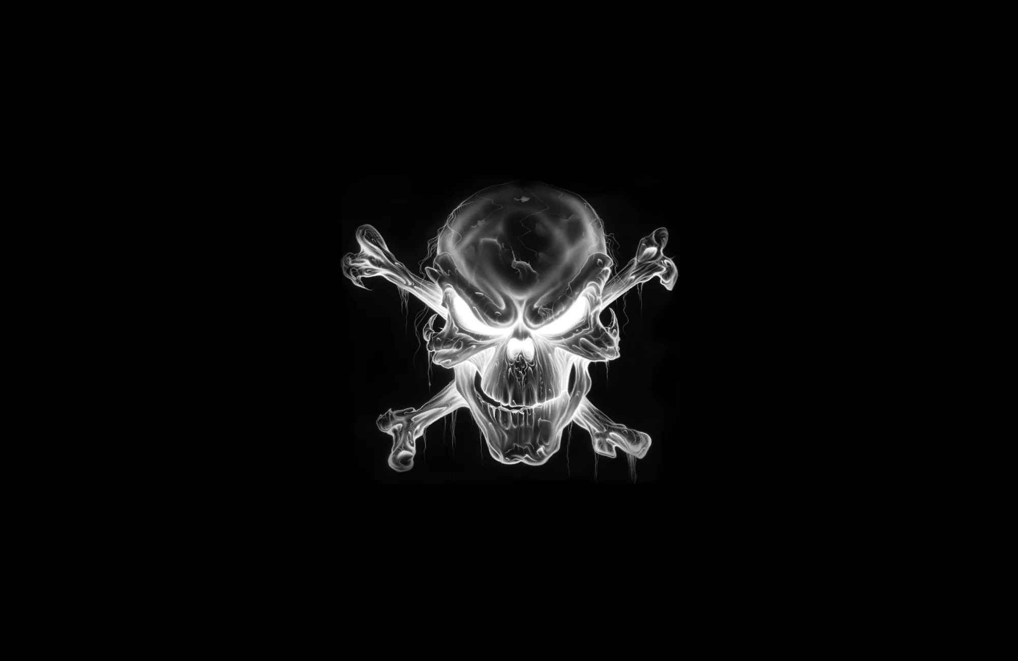White smoke curls into the shape of a skull over crossed bones at the centre of an otherwise empty black frame.