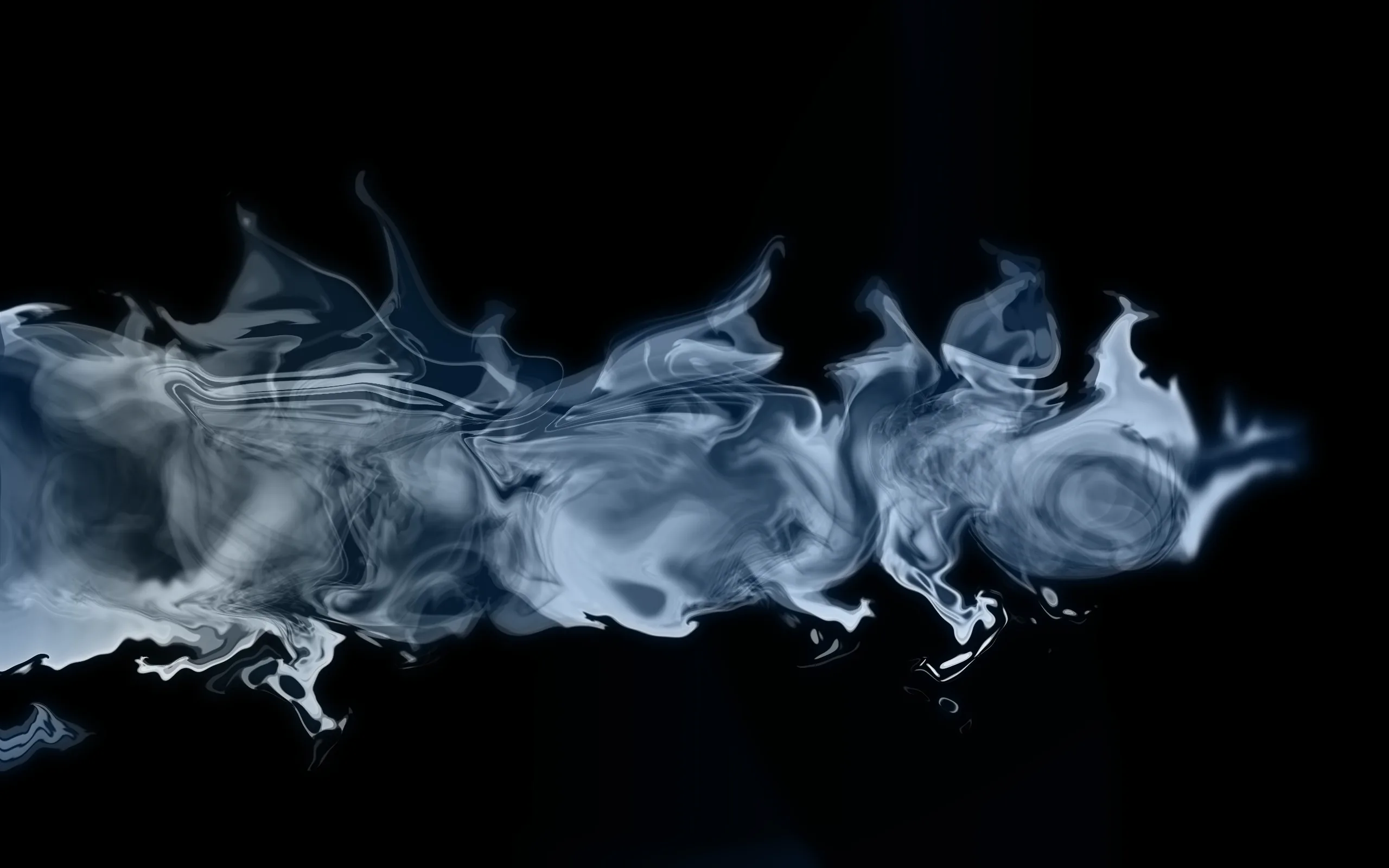 A glossy white ribbon flows horizontally through the centre like milk in water, tapering toward the right, with clean black above and below it.