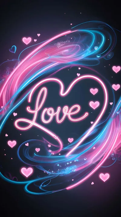 Pink and blue neon ribbons wrap a heart outline with love written in glowing cursive inside it, small hearts drifting through the dark violet background.