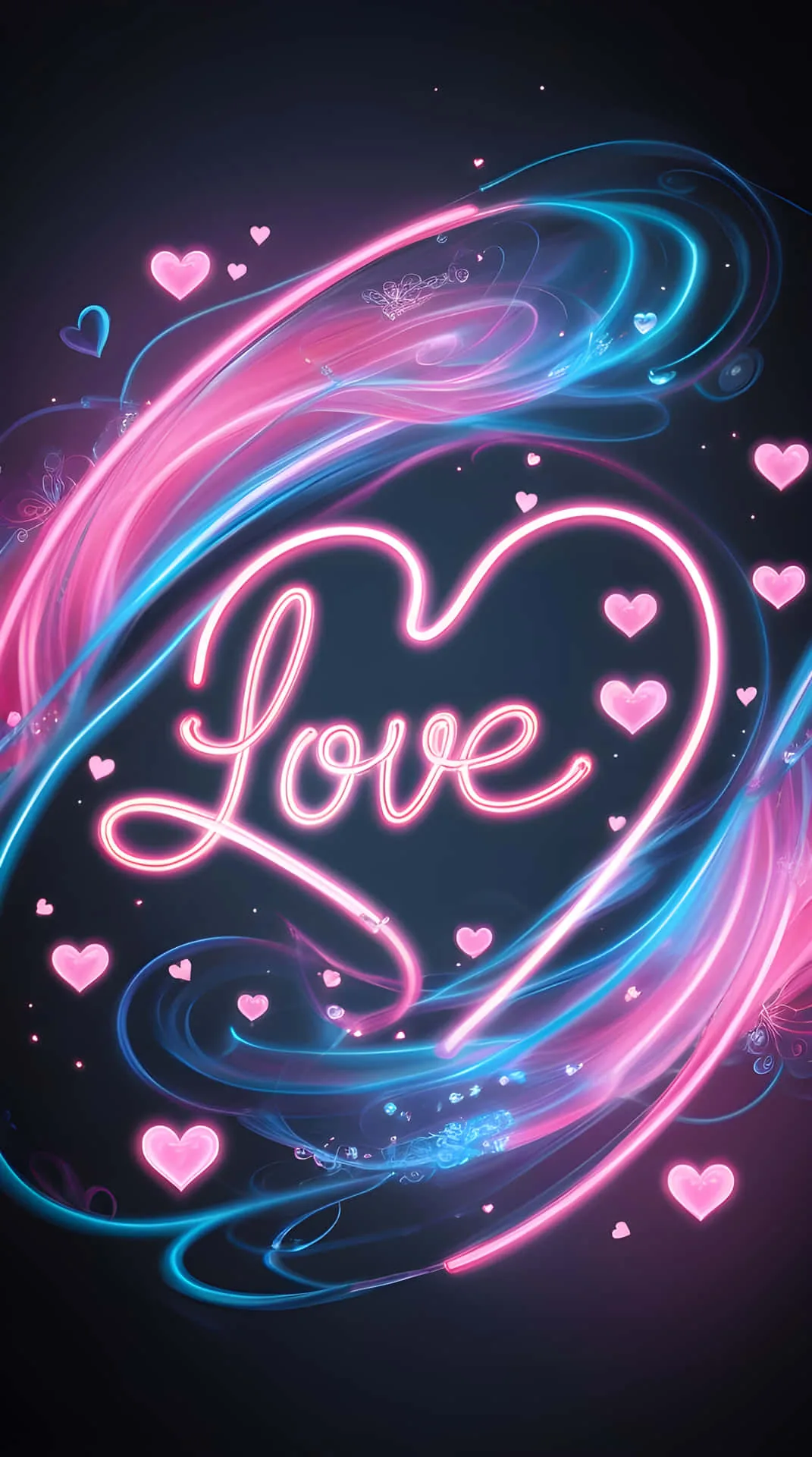 Pink and blue neon ribbons wrap a heart outline with love written in glowing cursive inside it, small hearts drifting through the dark violet background.