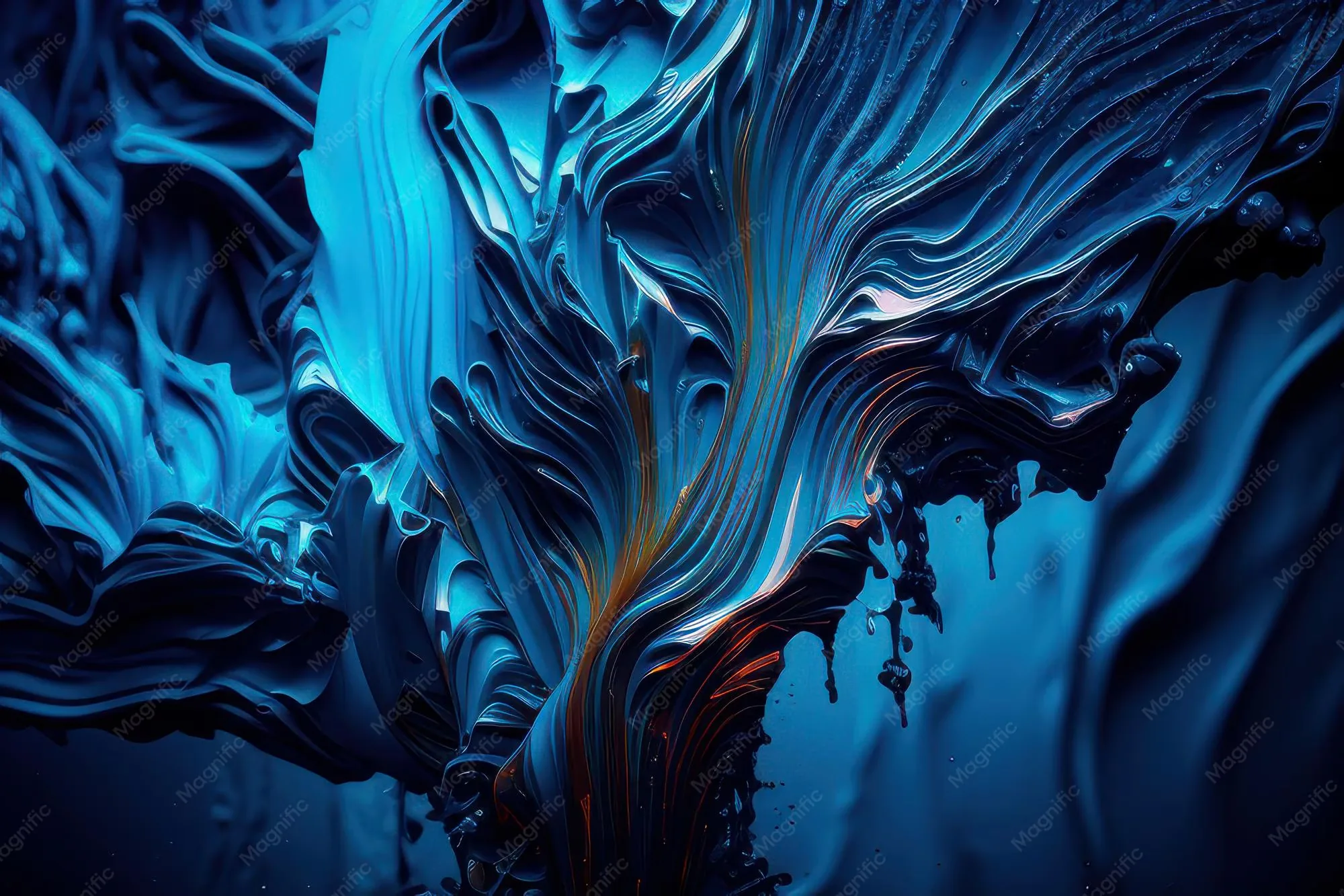 Thick ridges of paint rise like coral through the frame, a single amber thread climbing the middle, with no flat area left for icons.