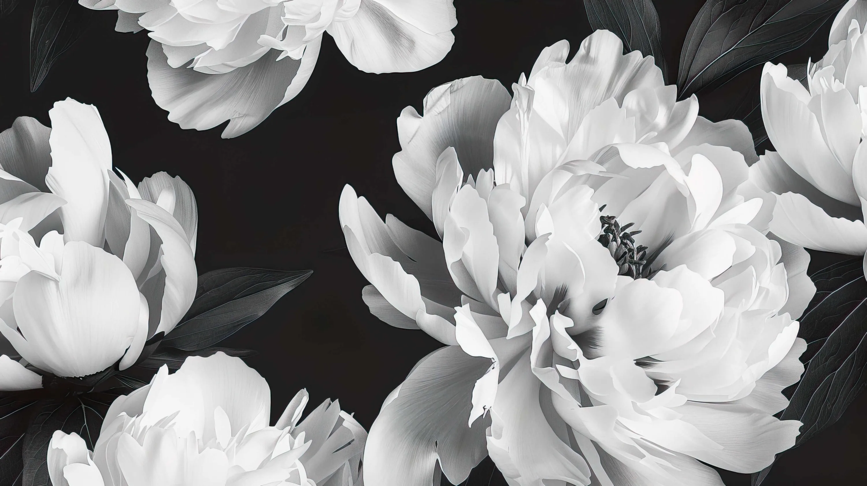 Open peony blooms crowd the frame in soft grey tones, their petals lit from the front while the leaves sink into black.
