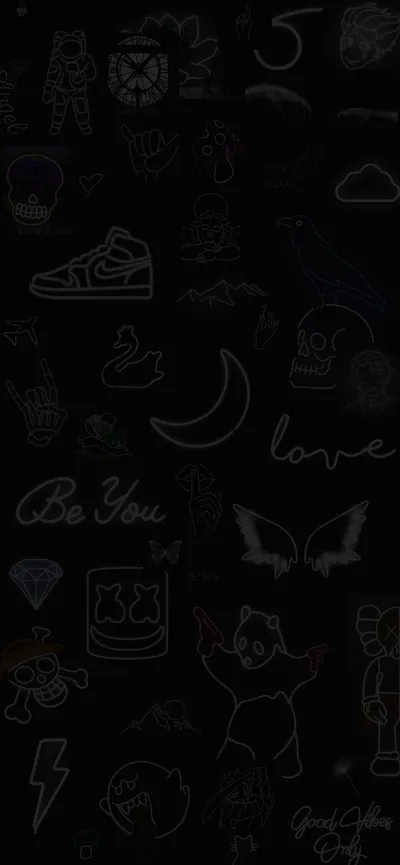Faint white outline stickers — a sneaker, a butterfly, a crescent moon, 'Be You' — scattered down a tall black phone frame.