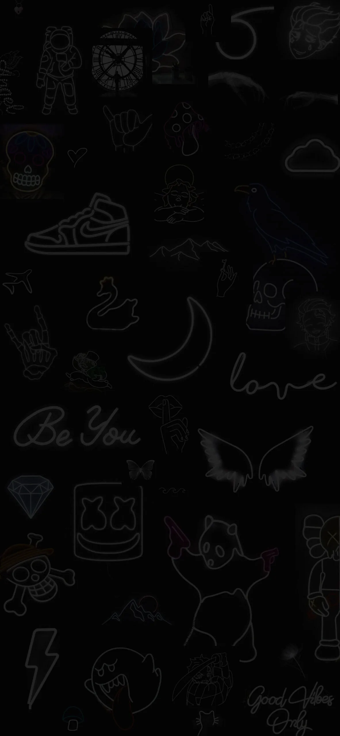 Faint white outline stickers — a sneaker, a butterfly, a crescent moon, 'Be You' — scattered down a tall black phone frame.