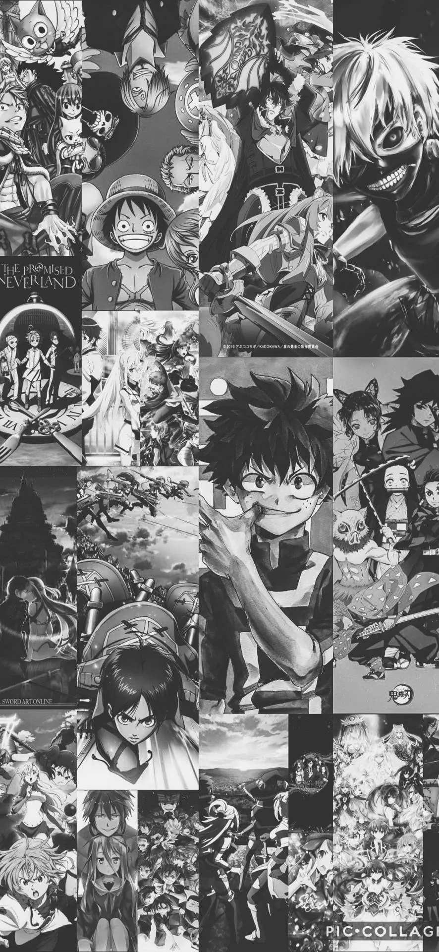 A grid of monochrome manga panels packs the frame edge to edge — Deku, Luffy and dozens more — busy enough to hide any icon layout.