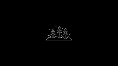 Three small pines sketched in fine white line on a hill, a scatter of dots for falling snow, the rest of the frame pure black.
