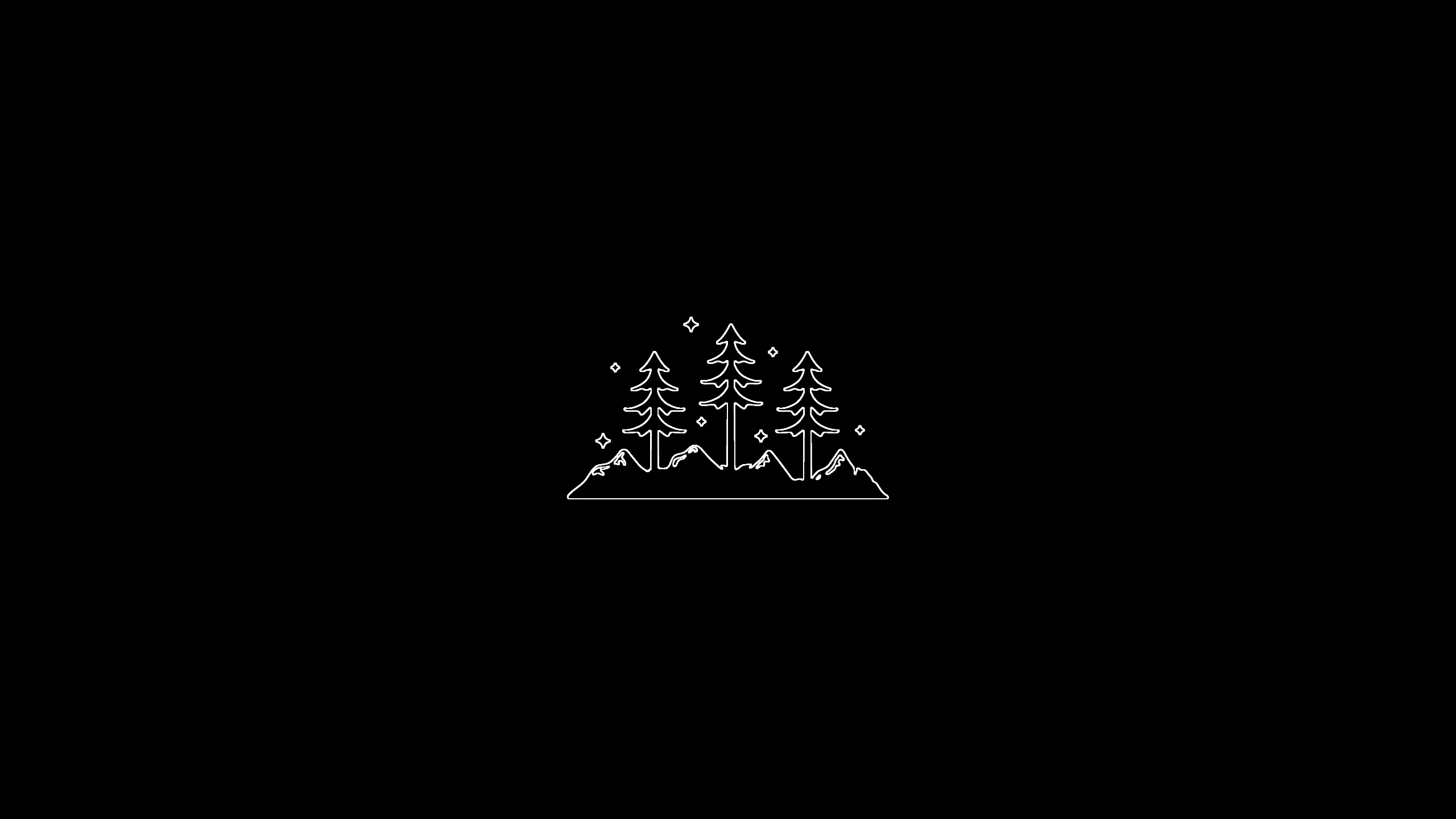 Three small pines sketched in fine white line on a hill, a scatter of dots for falling snow, the rest of the frame pure black.