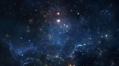 Layers of blue gas fill the frame with a single red-orange star burning near the top, darker space closing in at both bottom corners.