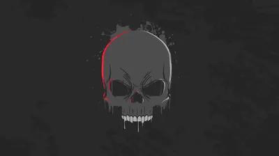 A flat grey skull with dripping teeth sits centred on charcoal, a single red smear cutting across the top of its crown.