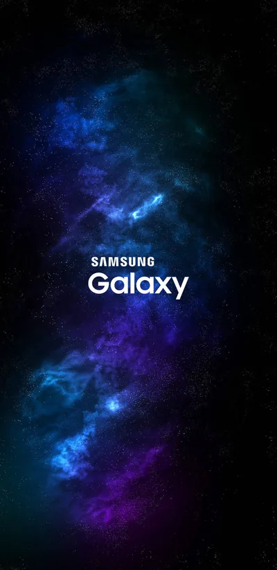 Teal and violet nebula wisps drift through a black starfield with the Samsung Galaxy wordmark at centre, the near-black ground easy on AMOLED battery.