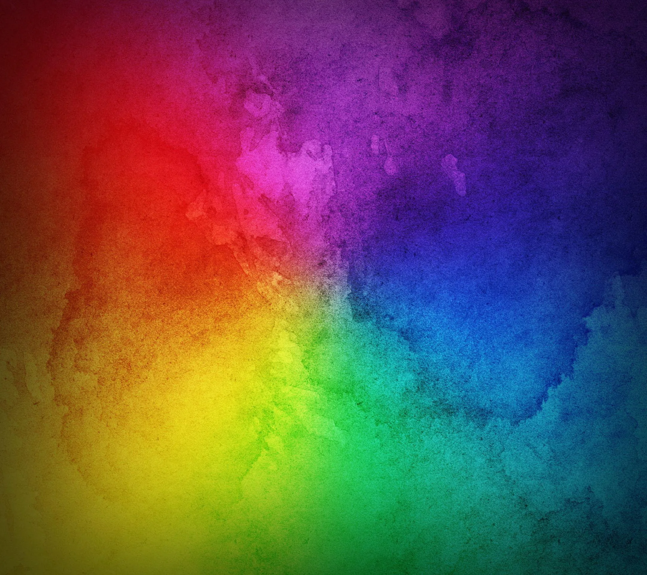Watercolour pigment in every rainbow hue radiates from the centre over a mottled grunge texture, the edges soaking into black like ink on wet stone.