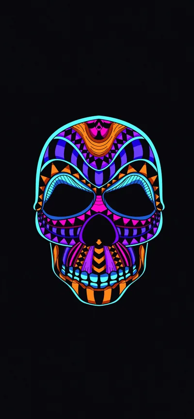 A sugar skull outlined in neon pink, purple and orange sits centred on black, the empty eye sockets ringed with beadwork detail.