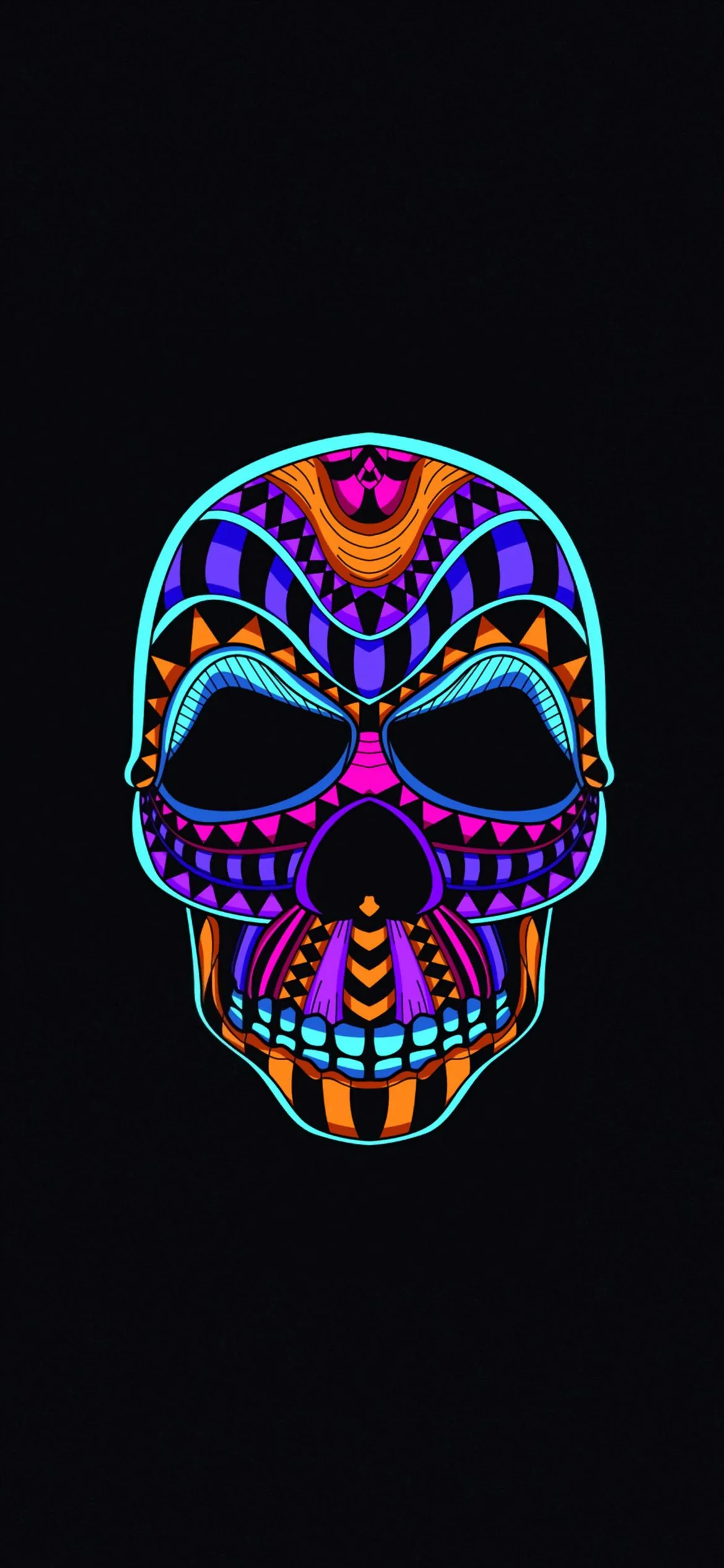 A sugar skull outlined in neon pink, purple and orange sits centred on black, the empty eye sockets ringed with beadwork detail.